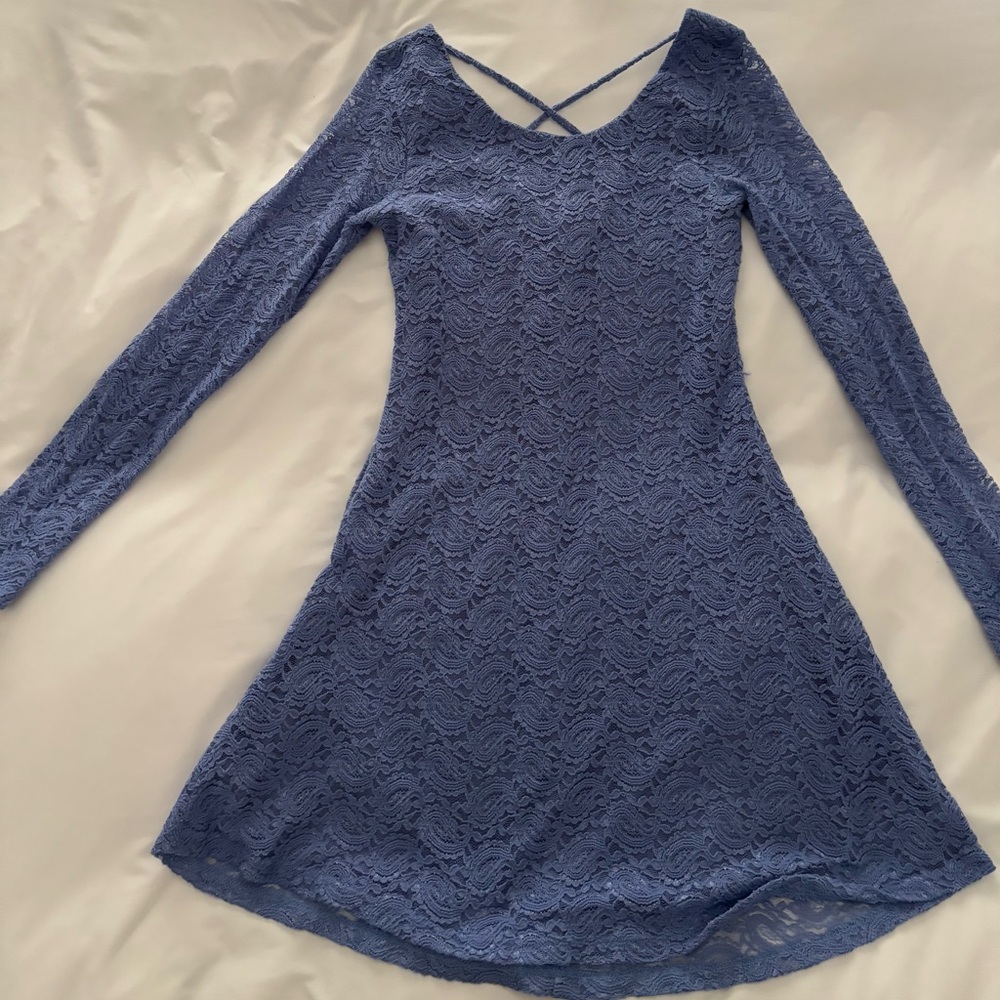 Blue A-Line V-Neck Long Sleeve Dress